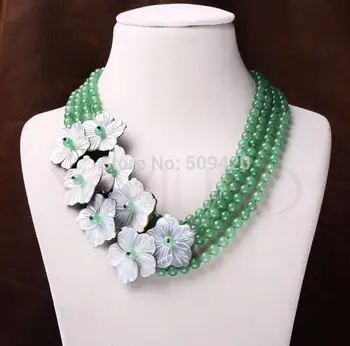 

carved flower green stone multi-layer abalone pendant elegant strand necklace