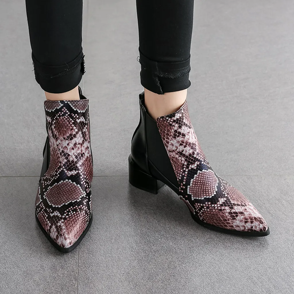 ankle boots heels woman Snake Grain Pointed Toe Slip-Up Boots Square Heels Vintage Women bota infantil para neve#109g25