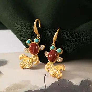 

Natural South Red chalcedony Koi Earrings Chinese style retro palace style small group design charming women's brand jewelry