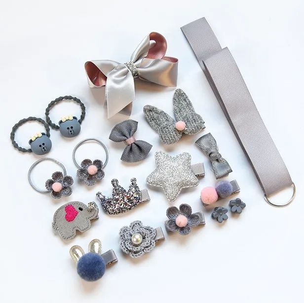 18pcs/set Children Cartoon Hair Clip Headwear Boxed Hairpin Rope Accessories Ring Circle Kid Lovely Rubber Band Girl Gift - Цвет: Gray