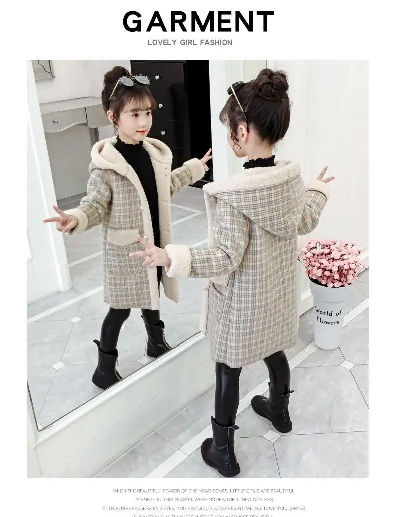 Коллекция года, осенне-зимнее пальто для девочек модная длинная куртка с капюшоном для девочек, детская утепленная шерстяная Верхняя одежда узор в клетку, для детей возрастом от 4 до 12 лет, K63
