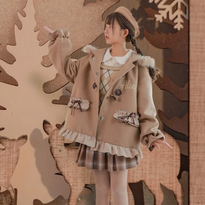 Осенне-зимнее милое пальто в стиле Лолиты, винтажное пальто с воланами и роговыми пряжками, плотное теплое пальто в стиле готической Лолиты, пальто для девочек в стиле kawaii cos