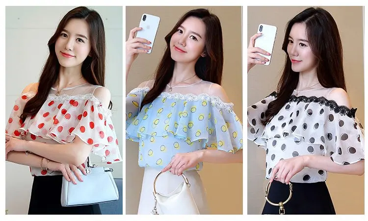 Женские рубашки в горошек летняя блузка с оборками и открытыми плечами