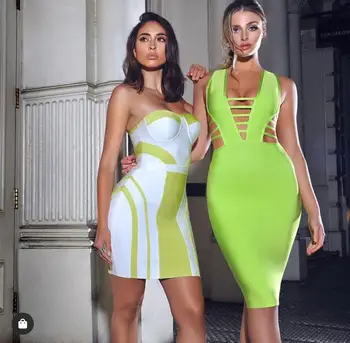 

Autumn Sexy V Neck Sleeveless Striped Hollow out Neon Green Bandage Dress 2019 Women Knee Length Party Dress