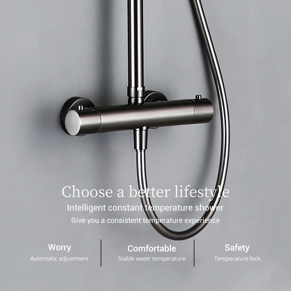 Wall-Mounted Thermostatic Valve System Bagnolux Brushed Gray Brass Rain Faucet  8 - 12" Top Spray Head Bathroom Shower Set 4