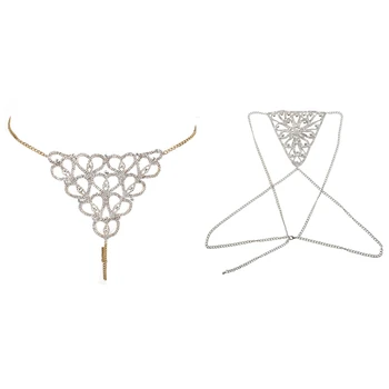 

2 Pcs Fashionable Sexy Body Chain Hollow Out Underwear Accessories Crystal Women Bikini Jewelry, Gold & Silver Color