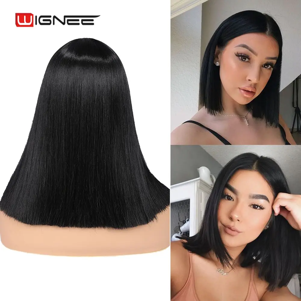 Wignee натуральные черные короткие прямые синтетические парики для женщин