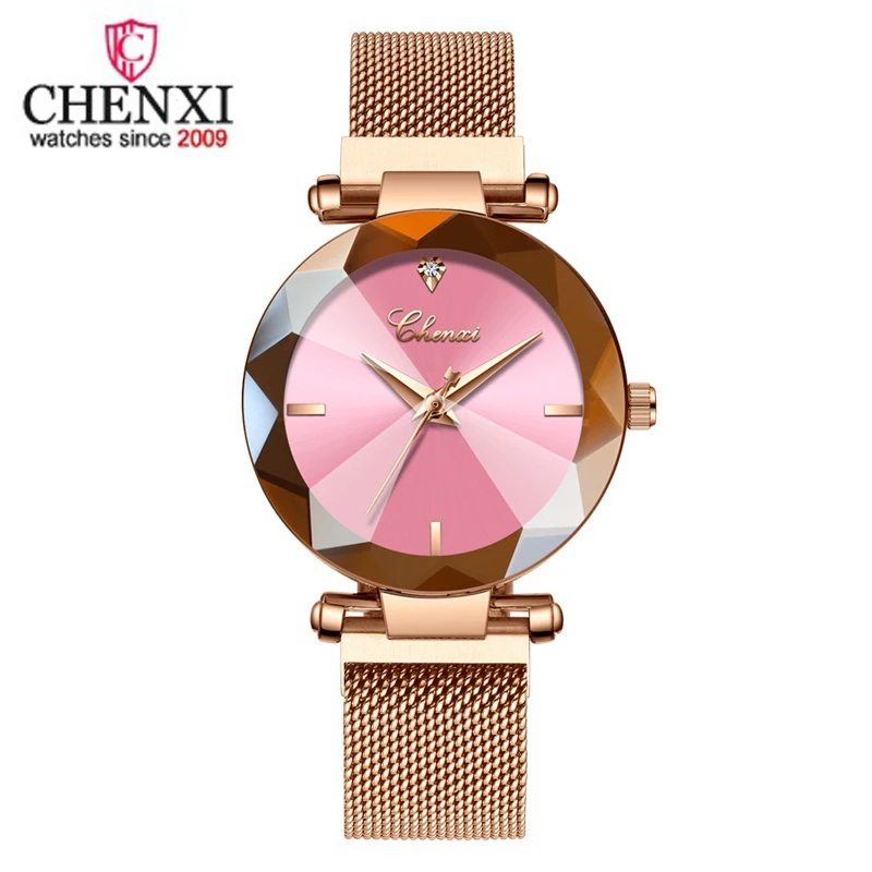 

CHENXI Luxury Women Watches Fashion Gem Cut Geometry Crystal Quartz Watches Rose Gold Mesh Band Magnetic Watch Relogio Feminino