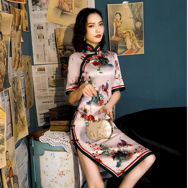 Sheng Coco розовое китайское шелковое платье длиной до колен китайское Cheongsam Qipao Женские Классические Вечерние Короткие платья восточное платье