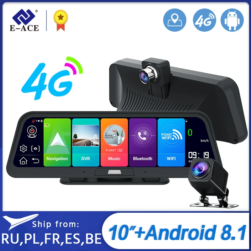 E-ACE Автомобильный видеорегистратор 4G 10 дюймов Android 8,1 GPS навигация FHD 1080P авто камера видео рекордер ADAS удаленный монитор видеорегистратор E-ACE Автомобильный видеорегистратор 4G 10 дюймов Android 8,1 GPS навигация FHD 1080P авто камера видео рекордер ADAS удаленный монитор видеорегистратор