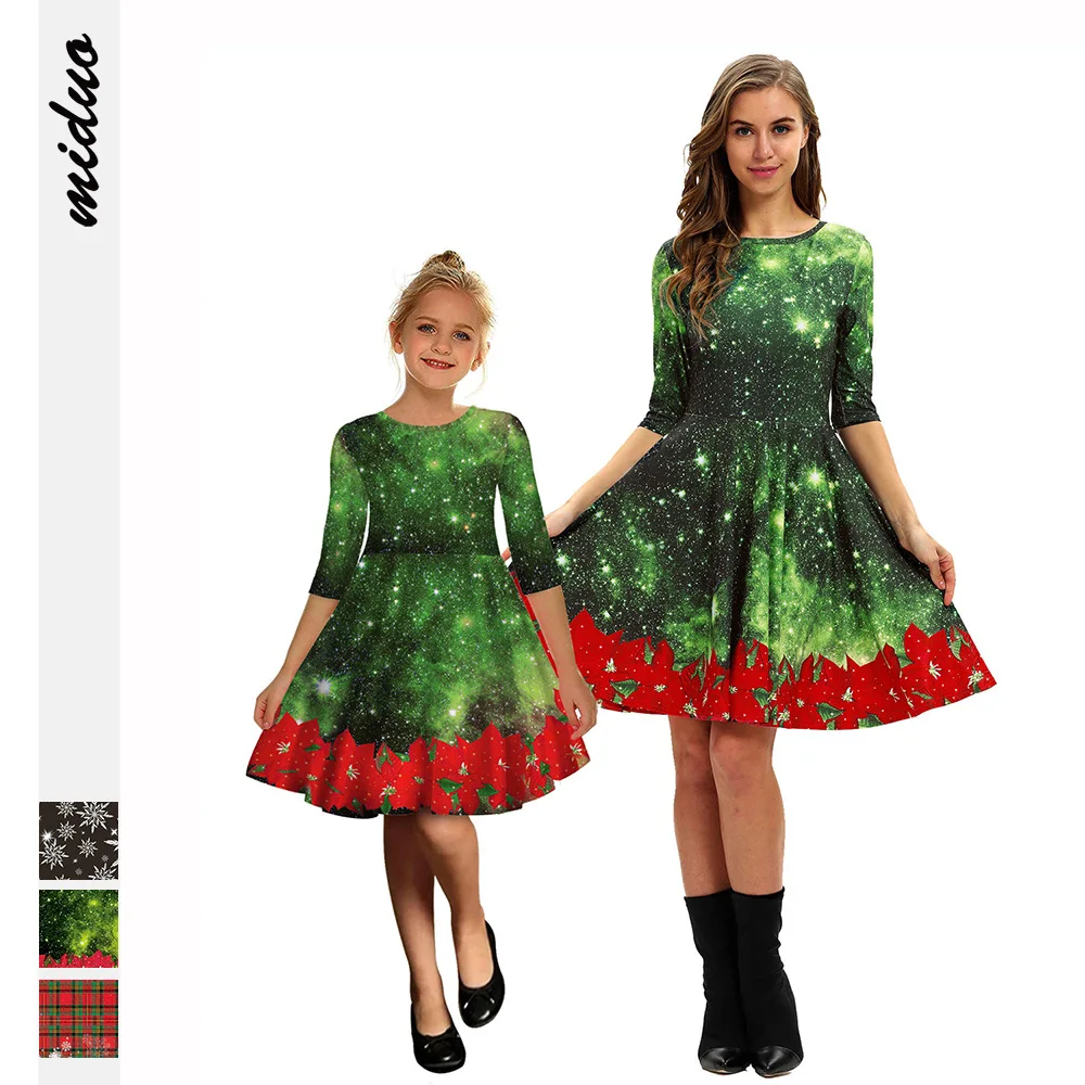 

Christmas Dress Tree Digital Print Mother Girl Dresses Party Evening Family Matching Clothes Plaid Mom Kids Outfits
