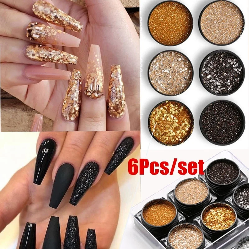 6 Pcs/set Shiny Silver Glitter Sequin Black Glitter Powder Nail Art DIY Powder Dust Fairy Dust Makeup Manicure Nail Decoration