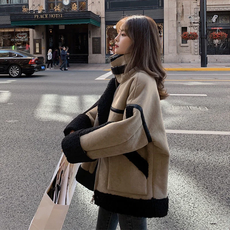 

2023 New Autumn Winter Women Casual Long Sleeve Lamb Faux Fur PU Coat Female Short Warm Stand Coat Fake Leather Wool Jackets