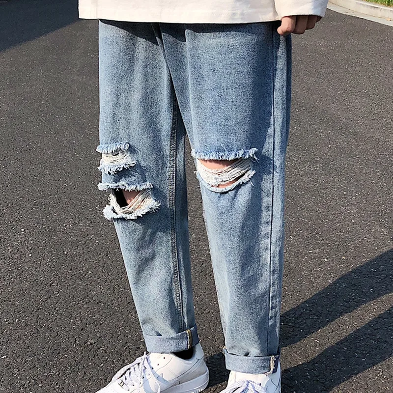 Autumn New Jeans Men Slim Fashion Washed Solid Color Torn Holes Denim Trousers Man Streetwear Wild Hip Hop Jeans Pants Male