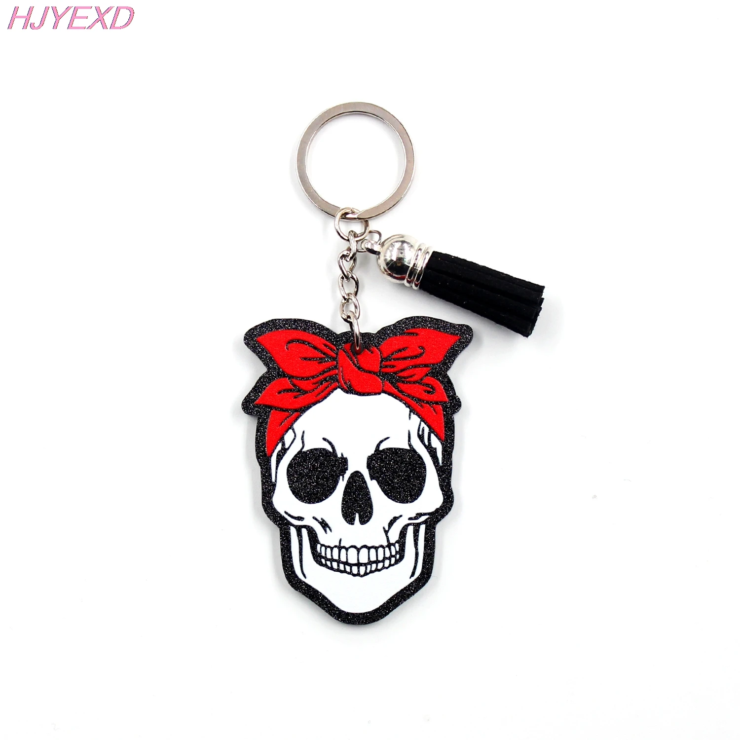 LLavero de calavera con cinta, para regalo de Halloween, acrílico, purpurina negra, 1 pieza