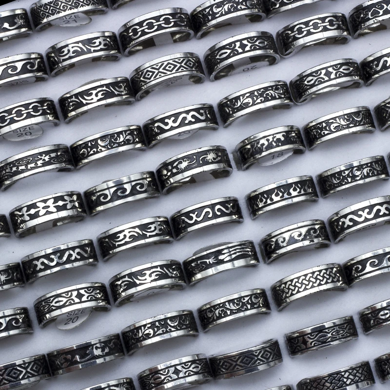 24 Pieces/lot Vintage Retro Style Stainless Steel Rings For Men and Women Fashion Carved Ring