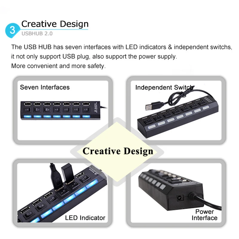 7-портовый концентратор с питанием от USB 2,0, высокоскоростной разветвитель 480 Мбит/с для Windows XP/Vista/7 с индивидуальным переключателем и светодиодный индикатор