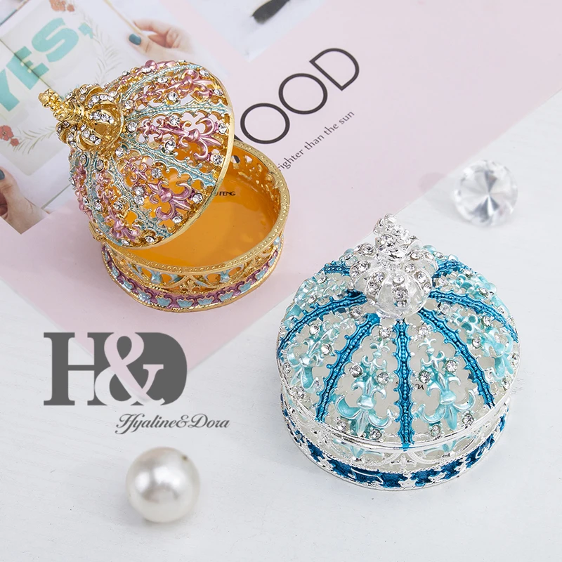 H& D ручная роспись Bejeweled коробки с короной на петлях безделушка коробка ювелирные изделия кольцо держатель коллекционные Рождественский подарок дома свадебное украшение