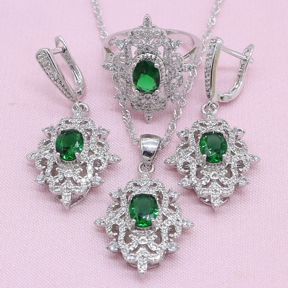 Новое поступление зеленый циркониевый 925 серебряные ювелирные наборы для женщин эксклюзивный браслет серьги ожерелье кулон кольцо Свадебные украшения - Окраска металла: 3PCS