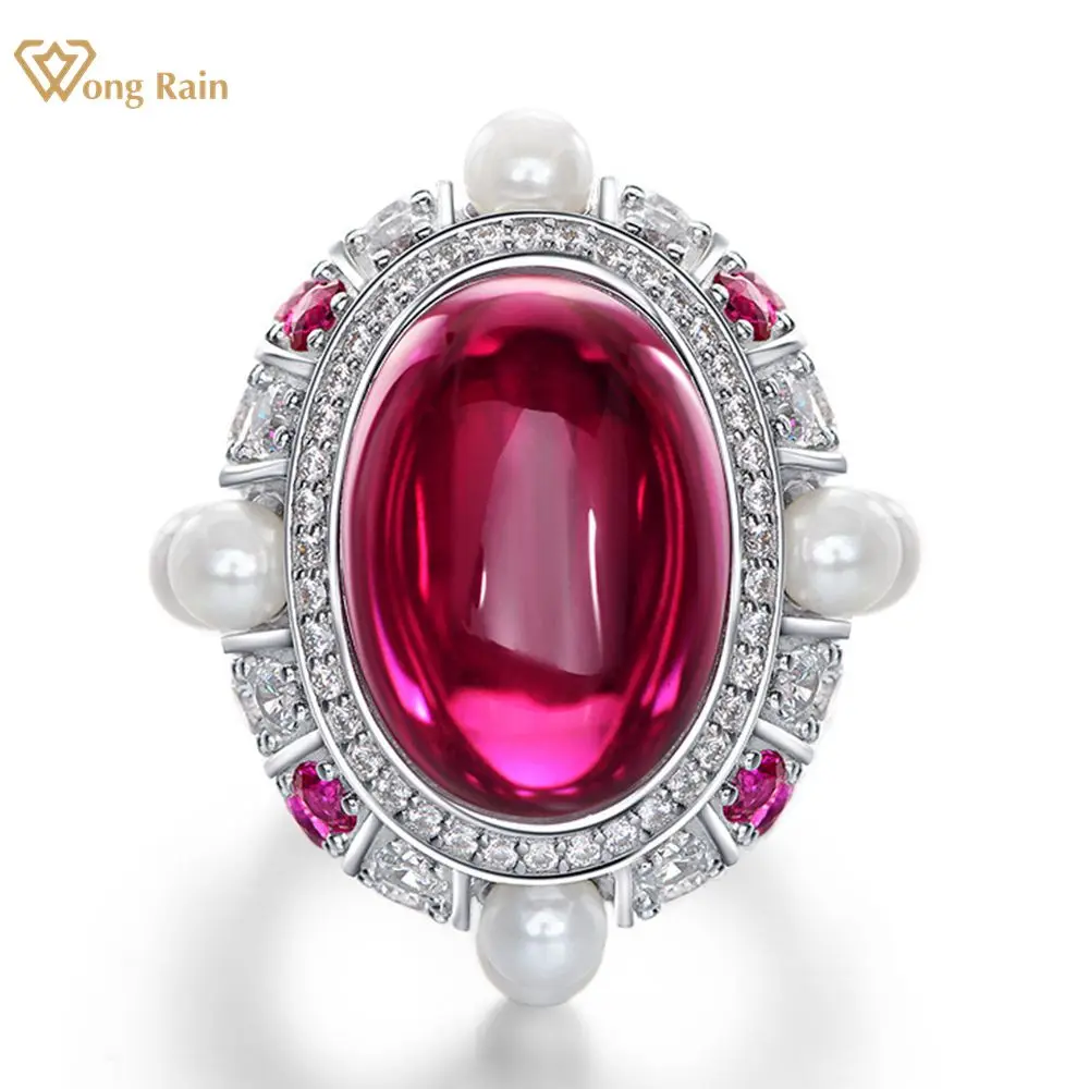 

Wong Rain 100% 925 Sterling Silver Oval Ruby Pearls Gemstone High Carbon Diamonds Wedding Engagement Ring Fine Jewelry Wholesale