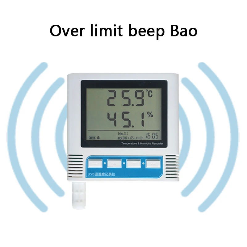 Thermometer Buzzer Alarm Temperature and Humidity Recorder USB Automatic Upload Drugstore Cold Chain Logistics Transportation