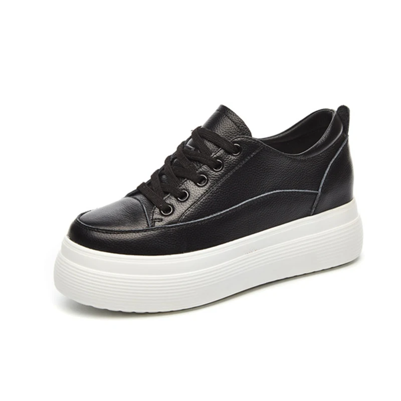 

Women's Chunky Sneakers Genuine Leather Black/White Shoes Women Platform Shoes Spring Autumn Woman Casual Hidden Heel Sneakers