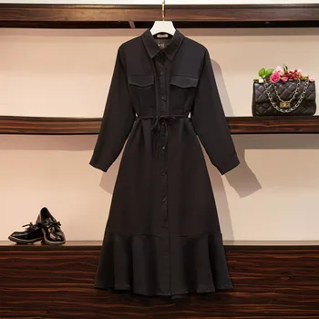 

plus size XL women dress autumn winter new long sleeve turn down collar A line dress elegant casual vintage female dress vestido