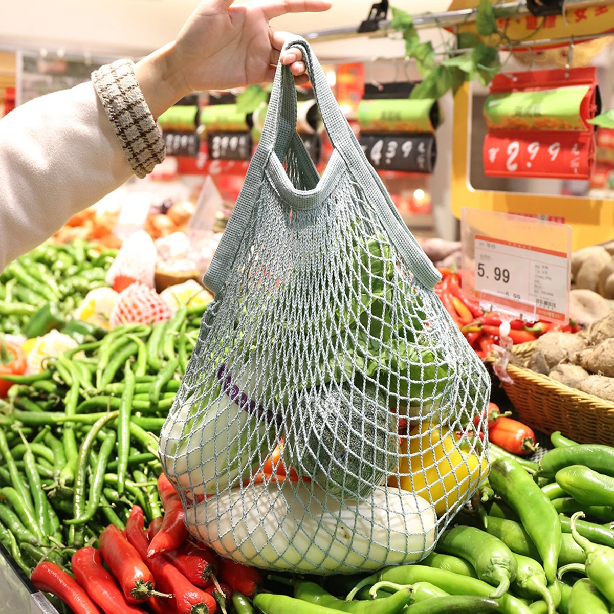 Description Picture 6 of itemReusable Grocery Bags Eco-friendly Organic Cotton Mesh Tote Bags Portable Net String Bag for Shopping Storage Fruit Vegetable
