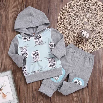 

2PCS Newborn Baby Girls Clothes Set Long Sleeve owl Autumn Gray Cotton T-shirt Sweatshirt Pants Girl Boy Clothing Cotton Outfit