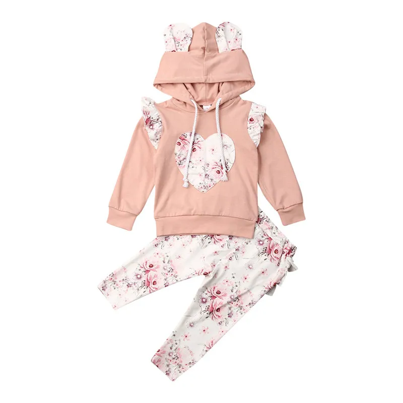 Blotona 2PCS Baby Girl Flowers 3D Ear Hoodies Top Sweatshirt Ruffle Pants Clothes Outfit Set 0-24M