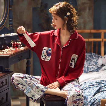 

Disney Cartoon 100% Cotton women sleepwear Mickey mouse Minnie Cardigan Long Sleeve set Pajamas Lady Homewear nightgowns