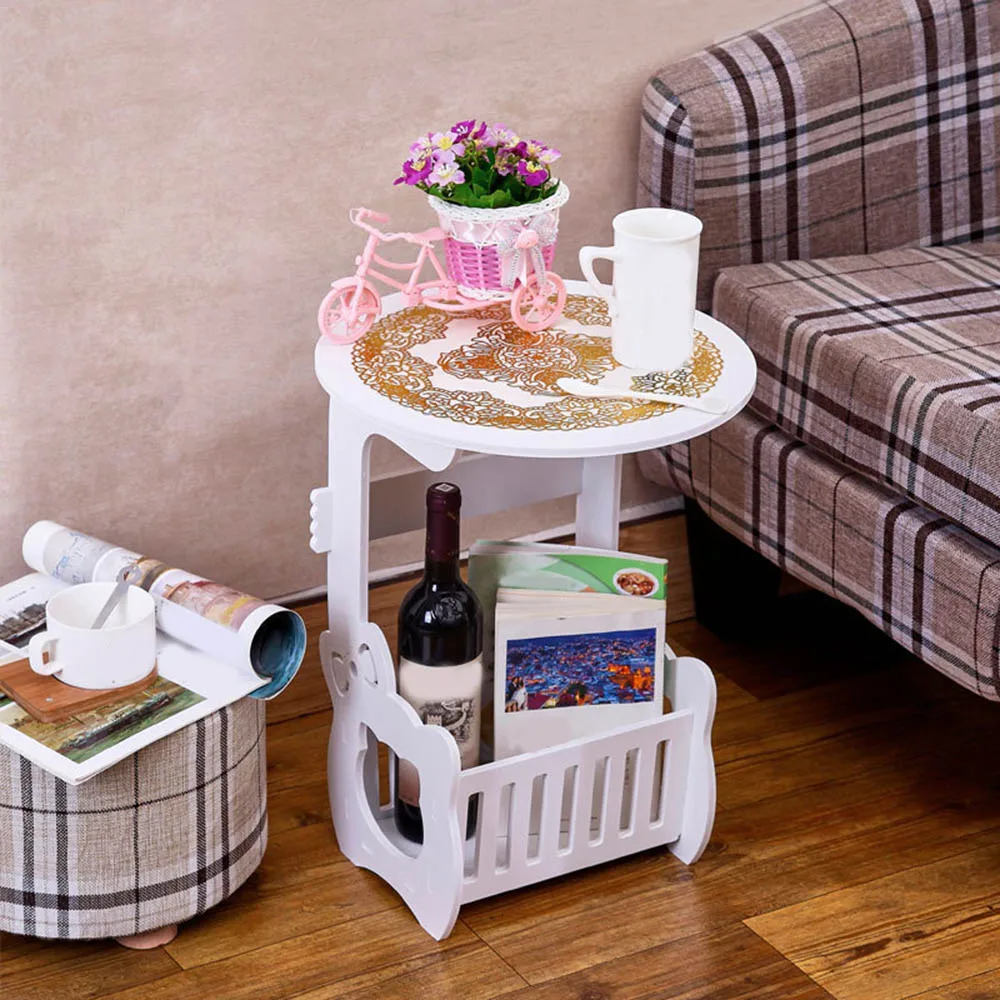 Sofa Bed Side Table Round Bedside Laptop Mini ConerTable Computer Desk Home Bed Desk with Shelves for Living Room Decoation