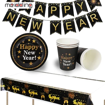 

HAPPY NEW YEAR pull flag and paper cup&plate black tablecloth joy for new year eve dining party supplies for disposable baking