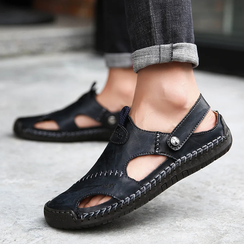 

2019 Summer Sandals Men Slippers Summer Casual Leather Flat Shoes Soft Comfortable Beach Sandals Big Size 38-48