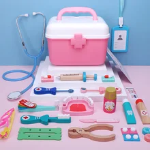 Juego de simulación de estetoscopio de madera para niños, termómetro de jeringa, juego de botiquín