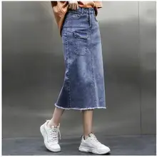 Новинка, 7XL, 8XL, 9XL, осенние джинсовые юбки, тянущаяся джинсовая юбка для женщин, плюс размер, Повседневная Длинная джинсовая юбка миди, одежда с высокой талией