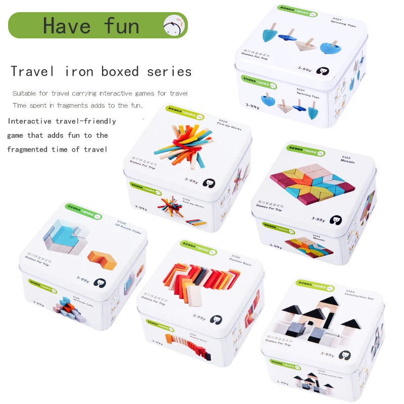 Educational Baby Toy for Domino Travel Kids and Adult Travel Game in Creative Wooden Blocks Tin Box