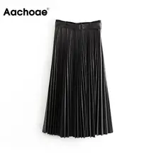 Модная плиссированная юбка из искусственной кожи с поясом, украшенная черным цветом, Женская юбка до середины икры, свободный низ, Женская юбка Falda Mujer