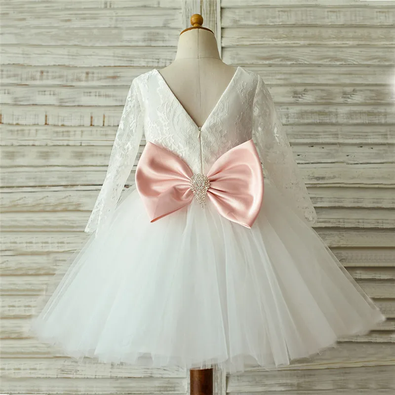 

Customized White Baby Girls Dresses with Bow Children Birthday Gown Long Sleeve Kids Clothes Princess Dress PhotoShoot