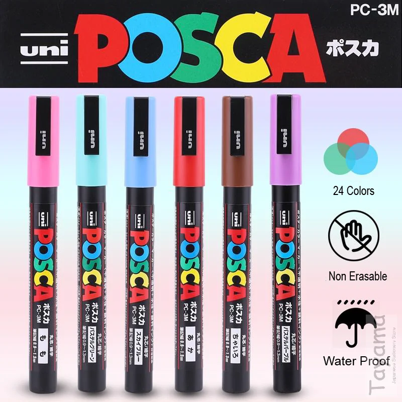 Uni Posca PC-3M 페인트 마커, 엑스트라 파인 불릿 팁, 아트 마커 펜, 수성 24 가지 색상 사용 가능, 0.9-1.3mm, 1 개