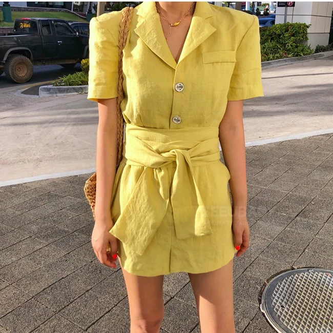 summer Women Solid color Turn down collar Short Sleeve Buttons overalls elegant Bandage Cotton Linen Jumpsuits AQ332