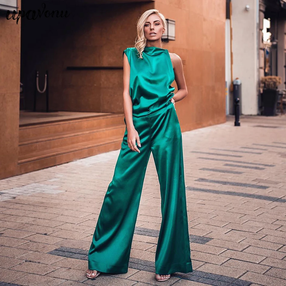

2019 New Fashion Suit Green Sleeveless Cropped Shirt Wide Leg Pants Loose Fashion Party Women'S 2 Two-Piece
