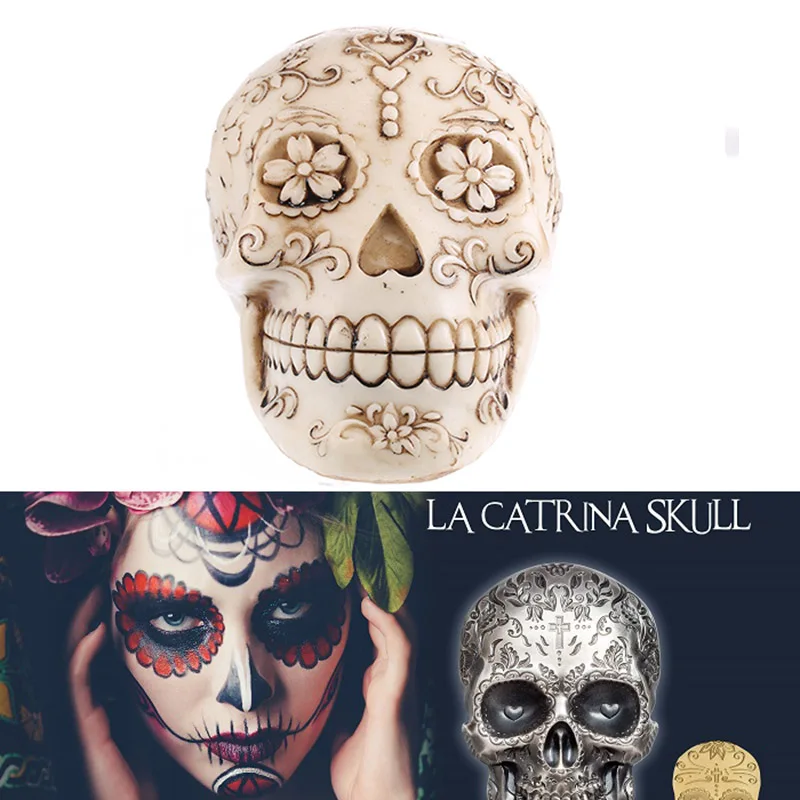 Смола La Catrina череп статуи мексиканский День мертвых ЦВЕТОЧНЫЙ РЕЗНОЙ череп голова модель Хэллоуин Искусство Подарки
