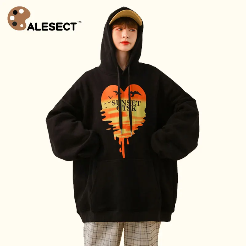 

CALESECT Oversized Heart Print Hoodies Women Sweatshirt Streetwear 2022 Men Unisex Cute Korean Style Harajuku Pullovers Hooded