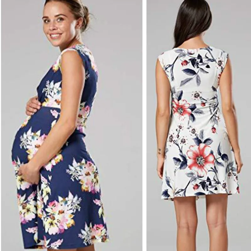 V-neck Pregnant Women's Skirts Sexy V-neck Sleeveless Nursing Printed Maternity Dress