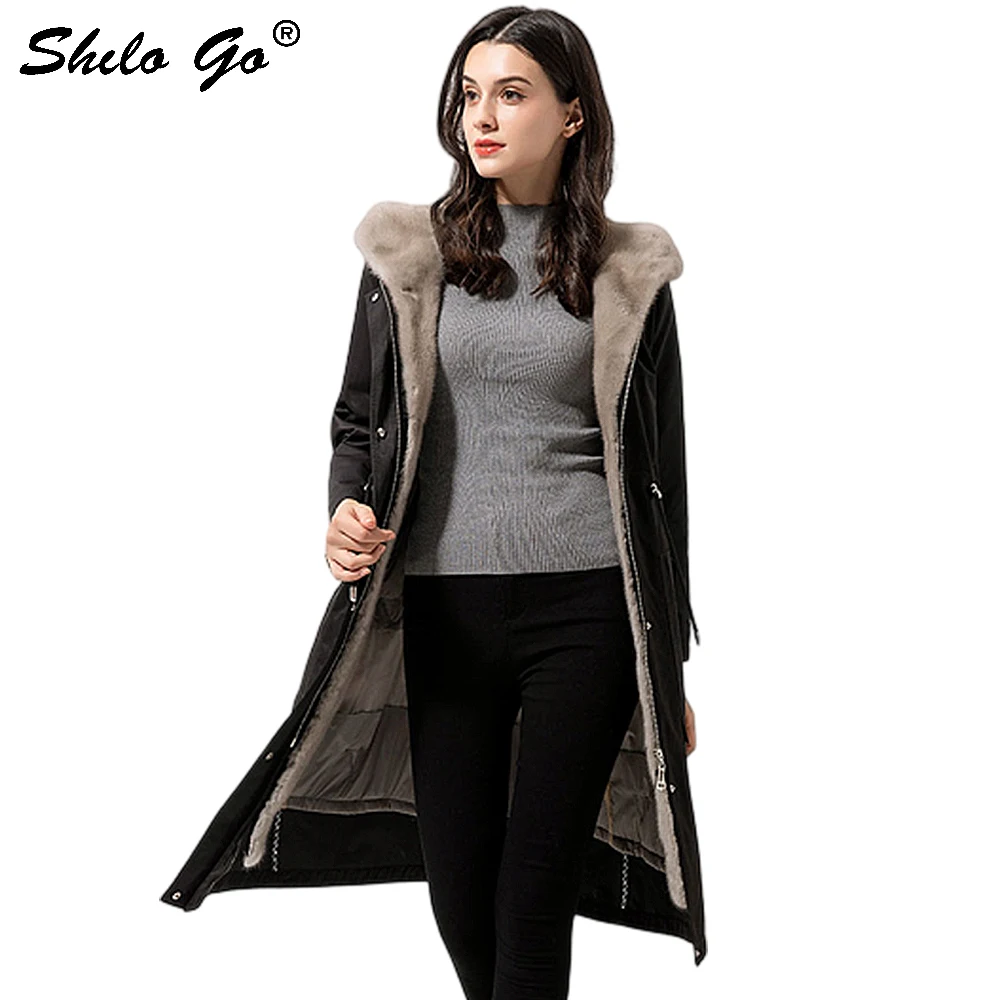 

Fur Parkas Highstreet Real Mink Fur Collar Hooded Fur Lining Long Coat Women Winter Casual Office Lady Button Front Outwear