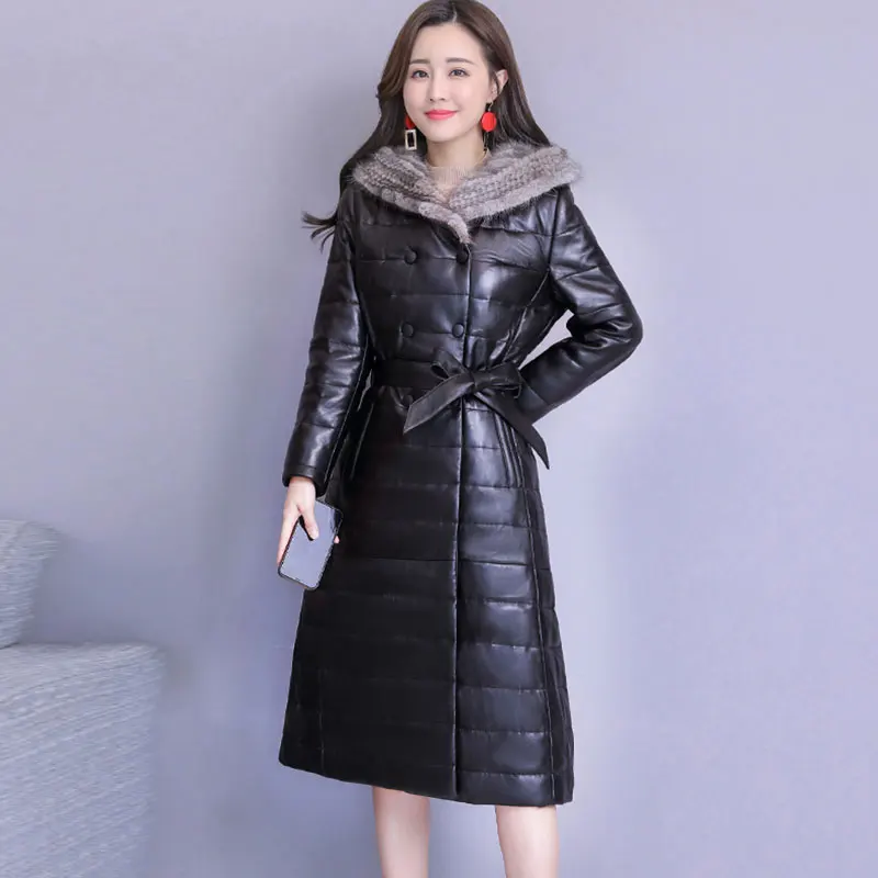 Mink Fur Collar Sheep Leather Down Jacket Women Fashion Hooded Long New Leather Jacket Female Waist Slim Plus Size Coat 71