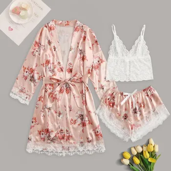 

3Pcs Sleepwear 2020 new Satin Silk Pajamas Women Nightdress Lingerie Robes Underwear Sleepwear Sexy #3