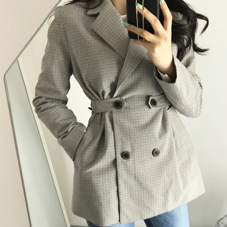MOKIJINS Autumn Winter Women's Blazers Jackets Gray Notched Plaid Button Outerwear England Style Cardigan Tops Notched Button