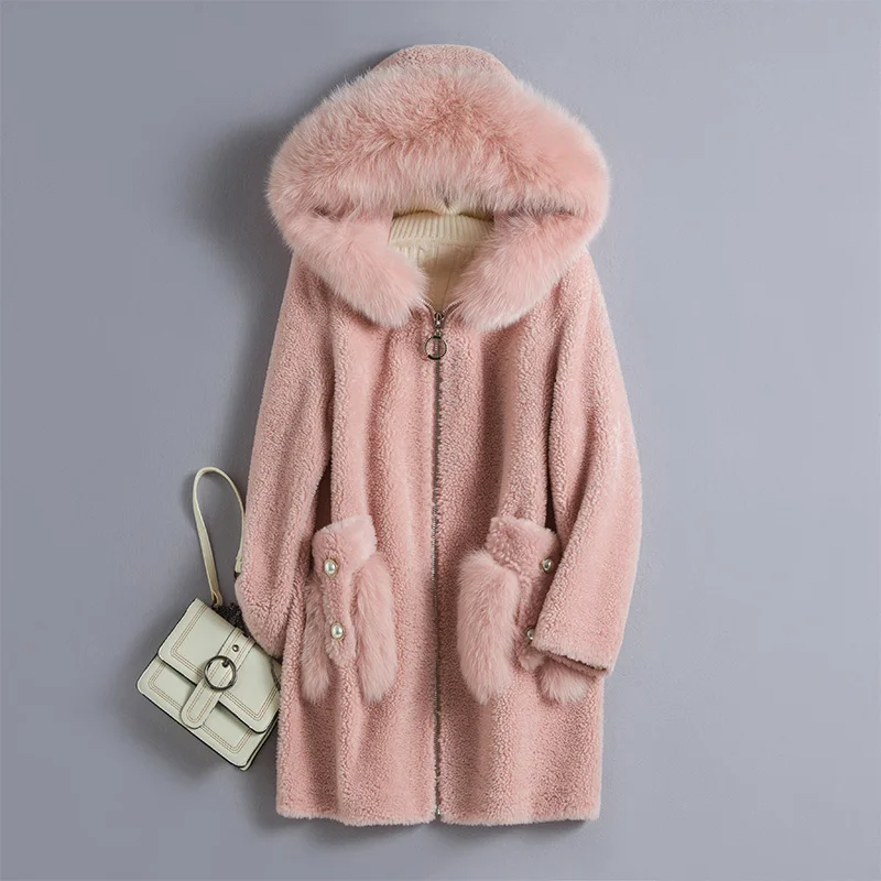 pink Воротник из лисьего меха,, шерстяная куртка с натуральным мехом, пальто, Осень-зима, пальто, женская одежда,, корейские, винтажные, овечья шерсть, топы, ZT3886 - Цвет: pink